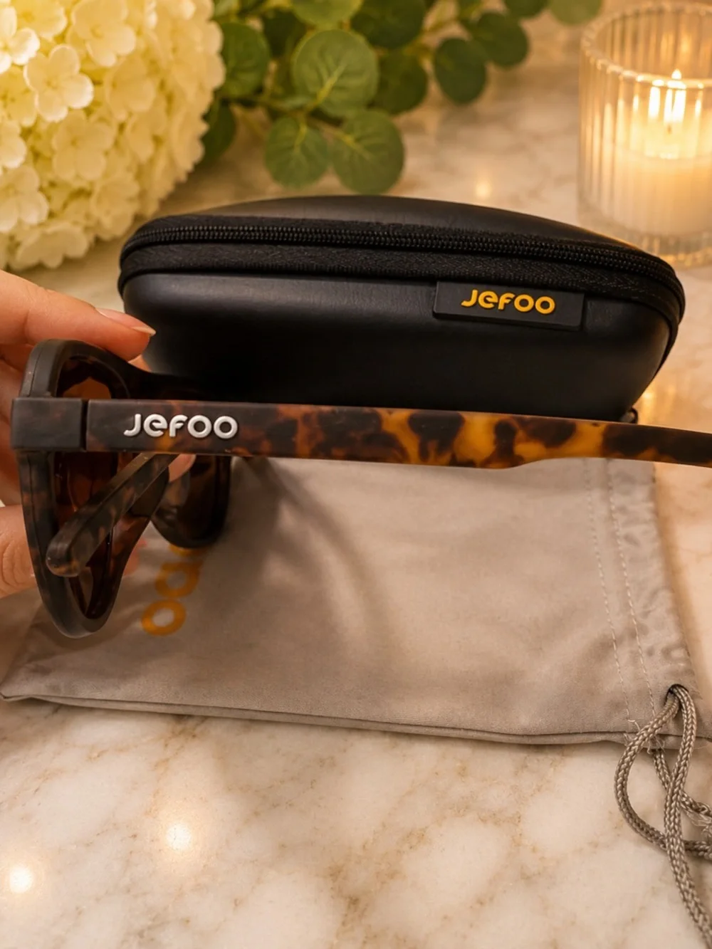Jefoo Aviator Sunglasses Brown Lenses Tortoise Arms w/ Case & Pouch